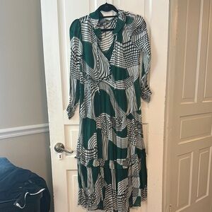 Anthropology Elegant Green and Black Patterned Dress